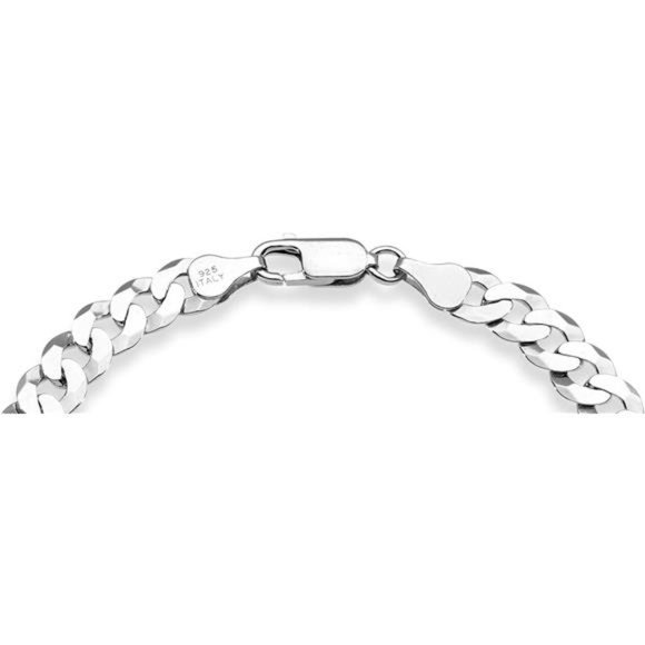 925 Sterling Silver Italian 7mm Solid Diamond-Cut Cuban Link Curb Chain Bracelet - Picture 3 of 6